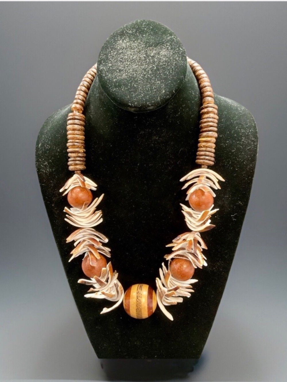Vintage Coconut Sea Shell Wood Bead Tribal Statement Necklace Boho 24”